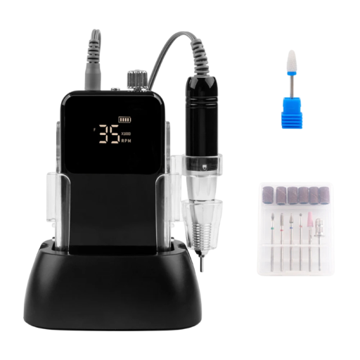 Draagbare oplaadbare nagelschuurmachine 35.000 tpm met LCD-display en tafel oplaadbasis voor manicure, pedicure en nagelmodellering