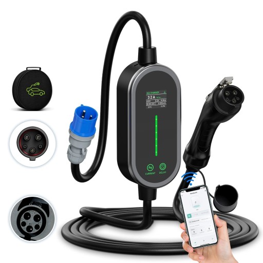 Draagbare oplader voor elektrische voertuigen 7,2 kW 32A 1-fase Type 1 SAE J1772 met WiFi en Bluetooth-app 3,5 m kabel voor opladen