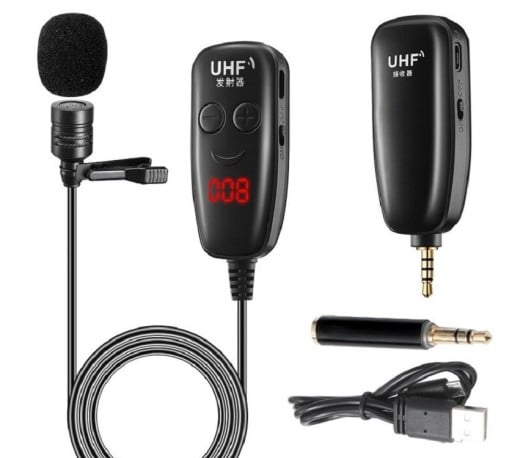 Drahtloses Lavaliermikrofon mit Sender und Empfänger, omnidirektional, UHF-Übertragung, Sender mit Display, 3,5 mm Klinke und Adapter, 400 mAh