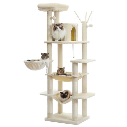 Drapak dla kotów wysokość ok. 175 cm podstawa 55 x 45 cm z domkiem, huśtawką i słupkami sizalowymi dla 4 kotów do mieszkania i wspinaczki