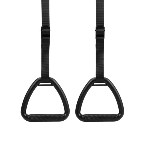 Dreieckige Gymnastikringe 14 x 11 cm Paar mit langen 3 m Gurten und Schnalle schwarz mit gelbem Griffband für Calisthenics und Klimmzüge