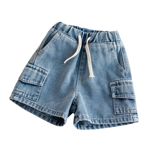 Drenge denim shorts med lommer, elastisk talje og justerbar snor, blå cargo denim shorts til drenge til sommer