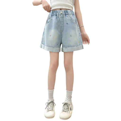 Drenge pigers denim shorts med små sløjfer elastisk talje og lommer blå denim shorts til piger om sommeren