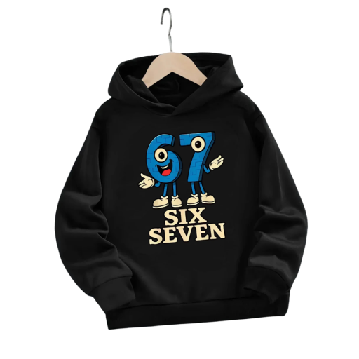 Drenge sort hoodie med hætte og tryk 67 six seven til drenge med lange ærmer til daglig brug