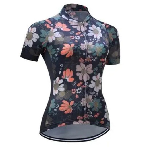 Dres de ciclismo femenino de manga corta, azul oscuro con motivo floral, para ciclismo y deporte