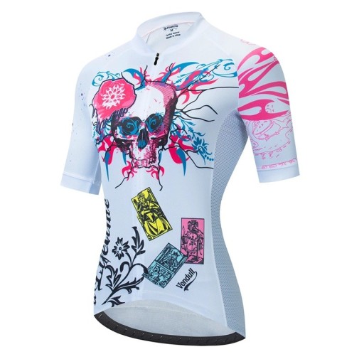 Dres de ciclismo para mujer con manga corta, blanco con motivo de calavera, para ciclismo y deporte