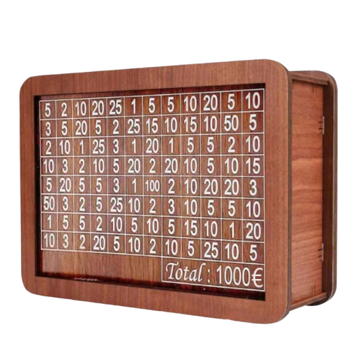 Dřevěná spořící pokladnička Dřevěný box na ukládání peněz Dřevěná pokladnička s počítadlem na 1000 € 20 x 14,5 x 7,5 cm