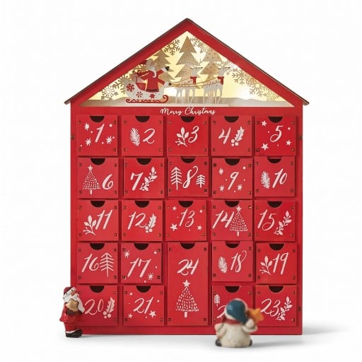 Drevený adventný kalendár s osvetlením Domček so Santom a sobmi 24 šuplíkov Na 2 batérie AA Vianočná dekorácia Na dary pre deti