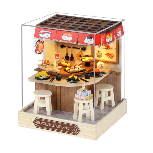 Drevený domček pre bábiky 11,5 x 9 x 9 cm miniatúrne DIY stavebnice 3D puzzle s nábytkom a krytom na prach Ručný model