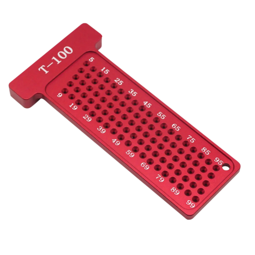 Dřevoobráběcí rýsovací pravítko T-100 mm metrické hliníkové měřidlo 119 × 40 mm červené s T otvory pro přesné značení dřeva