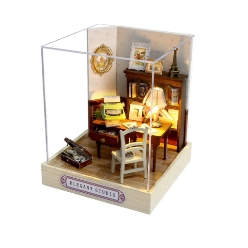 Drewniany domek dla lalek 11,5 x 9 x 9 cm DIY Zestaw do samodzielnego montażu Miniaturowa układanka 3D z meblami i pokrywą Ręcznie składany prezent dla dzieci i dorosłych