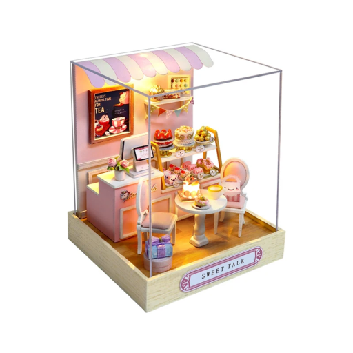 Drewniany domek dla lalek 11,5 x 9 x 9 cm Zestaw DIY z meblami i pokrowcem Puzzle 3D Miniatura Model składany ręcznie Prezent