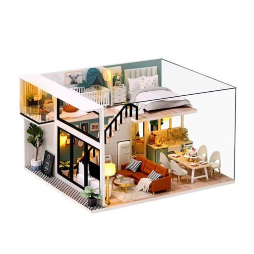 Drewniany miniaturowy domek dla lalek 3D Zestaw do budowy z meblami i pokrowcem ochronnym Ręcznie robiony model domu Prezent dla dzieci