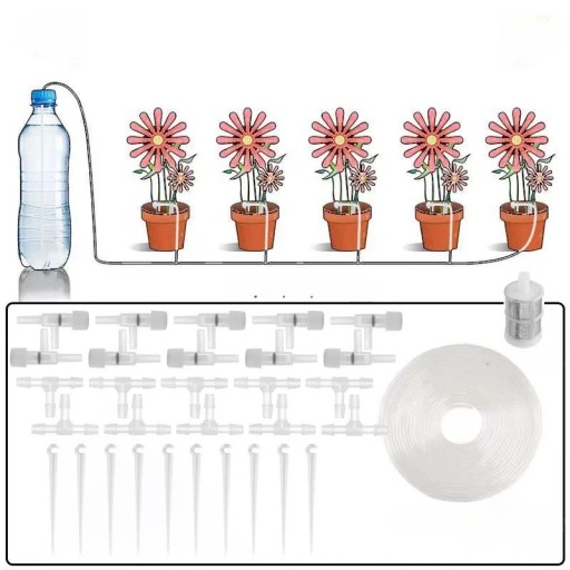 Drypvandingssæt 10 m Trykløst vandingssystem PET-flaske Dråbetæller med regulering 10 planter Sifonprincip Slange med filter