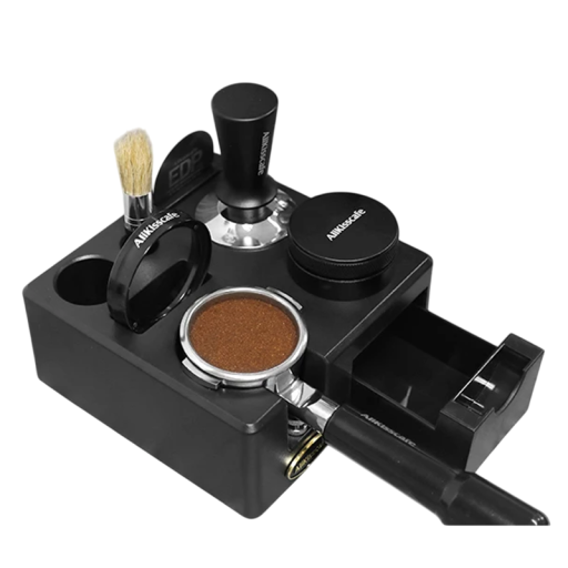 Držák na tampery a portafilter 58 mm s priehradkou na filtre a štetce ABS plast so zásuvkou Organizér pre kávové doplnky a baristov