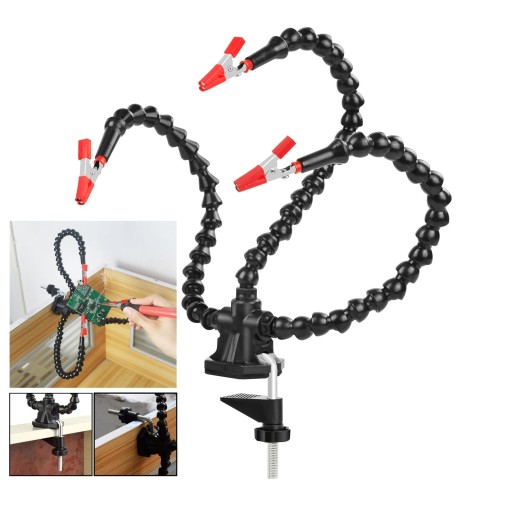 Držák s krokosvorkami a 3 flexibilními rameny pro uchycení PCB při pájení Otočný kloub Uchycení ke stolu Svorka 5–50 mm