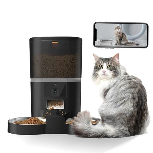 Dual Automatic Pet Feeder with Two Bowls 4 l Camera for Monitoring and Feeding from Phone Portions from 50 to 100 g Lid Lock