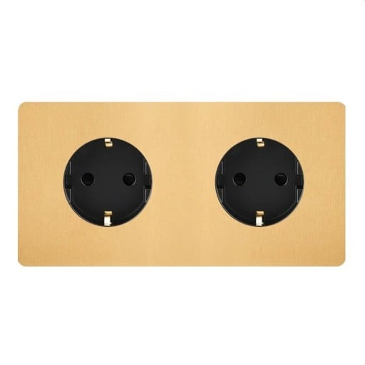 Dubbele wandcontactdoos inbouw, retro design, EU Schuko, 172 x 86 mm, 16 A, geborsteld roestvrij staal, goud, voor woning en kantoor