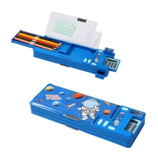 Dubbellaags blauw etui met astronaut en rekenmachine Kunststof etui met puntenslijper Ruimte-schrijfwaren organizer 26x9,5x3,5 cm