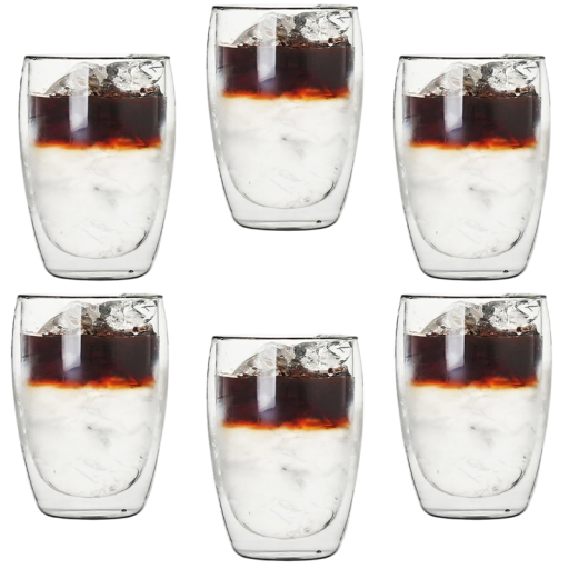 Dubbelväggglaskopp utan handtag 450ml 6 st Transparenta termoglas Värmebeständiga muggar för kaffe eller te 8,5 x 14,5 cm