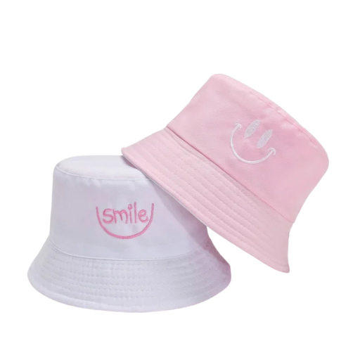 Dubbelzijdige vissershoed met smile-motief Polyester Unisex modieuze zomerhoed Bescherming tegen de zon Omvang 56–58 cm Lichtgewicht