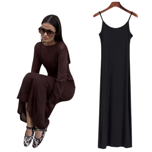 Dvojdielne dlhé priehľadné svetrové šaty s dlhým rukávom a hladké nepriehľadné šaty na ramienka Elegantný outfit na večer