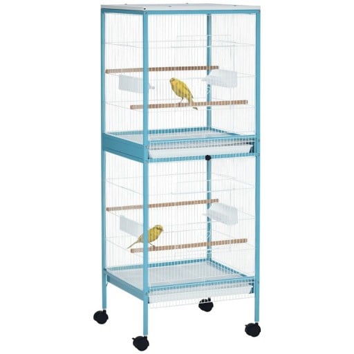 Dvoupatrová ptačí klec na kolečkách s vyjímatelnými miskami 52 x 50 x 140 cm ocelový drát dvířka na 3 stranách modrá pro chov ptáků