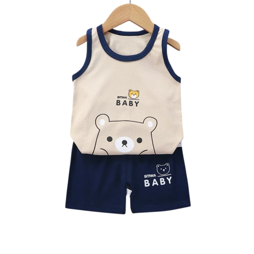 Dziecięcy beżowy zestaw z misiem, top na szerokich ramiączkach i szorty na gumie, unisex, bawełniany letni komplet
