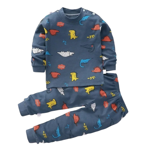 Dziecięcy ciemnoniebieski zestaw z nadrukiem dinozaurów, koszulka z długim rękawem, spodnie na gumie, unisex, bawełniany, wygodny