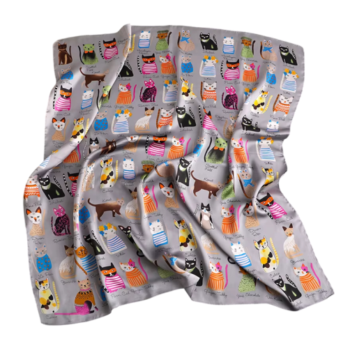 Écharpe carrée en soie d'été 90 x 90 cm Foulard en satin avec motif de chat pour femmes À porter autour du cou, dans les cheveux ou sur un sac Mode de plage