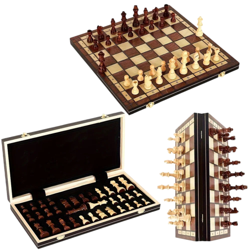 Échecs en bois pliants 44x44 cm Échiquier de luxe en bois massif Figurines sculptées à la main Plateau pliant Fermeture magnétique