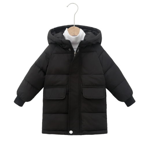 Effen kinderwinterjas met capuchon Rits- en drukknoopsluiting Zakjes Warme katoen-polyester winterjas voor kinderen Comfortabele jas