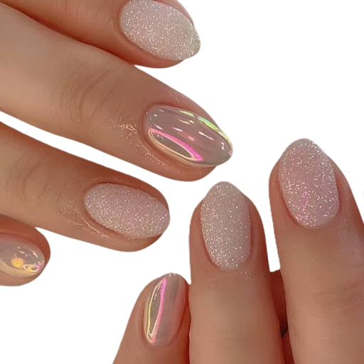 Effet Aurora sur 24 pièces d'ongles artificiels Brillance chromée avec design scintillant Changement de couleur élégant selon l'angle de vue Ongles stylés pour les mains