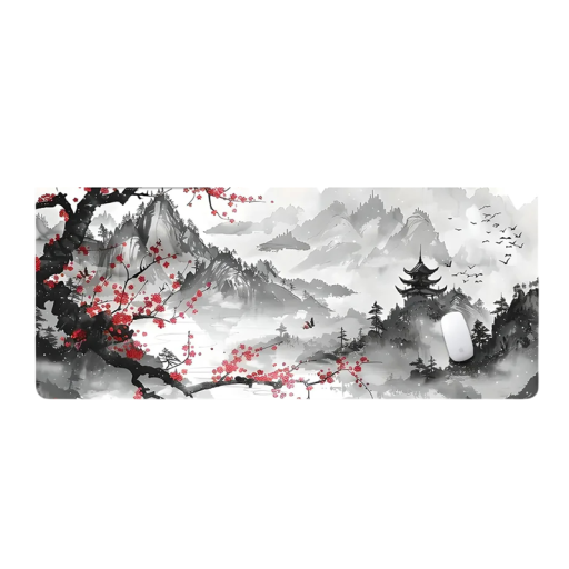 Egér- és Billentyűzetpad 300 x 600 x 2 mm Japán Motívum Hegyek és Virágok Fekete-Fehér Piros Virágokkal Munkaasztalra Laptop Alá