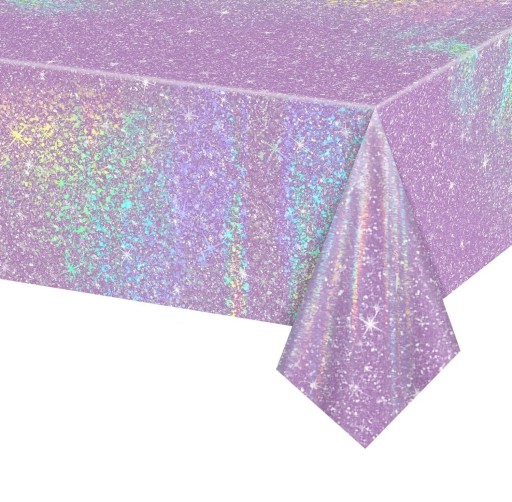 Egyszer használatos műanyag asztalterítő Lila holografikus 137 x 274 cm Születésnapi dekoráció Leánybúcsúra