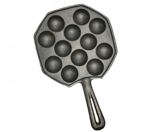 Eisenpfanne für Pfannkuchen mit 12 halbkugelförmigen Vertiefungen Für runde Pfannkuchen und Teigkugeln Langer Griff mit Loch 30 x 19,5 x 4,5 cm
