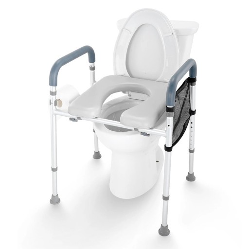 Ekstra toiletstol til ældre justerbar højde 48,3–61,5 cm maksimal belastning 156 kg polstret aluminiumsramme hvid med greb og opbevaringslomme