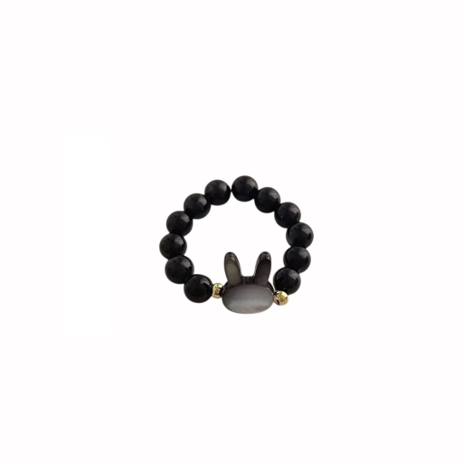 Elastic Beaded Ring with Bunny Motif, Black or White Variant, Small Gold-Toned Details, Delicate Playful Accessory