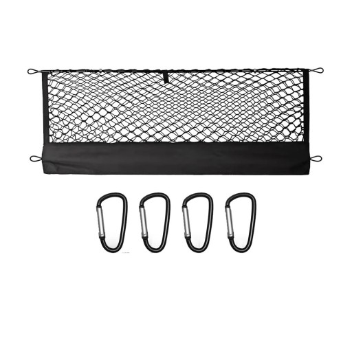 Elastisk lastnet til pikupens bagagerum med opbevaringslomme mod tab af småting dobbeltlag med fire karabiner sort