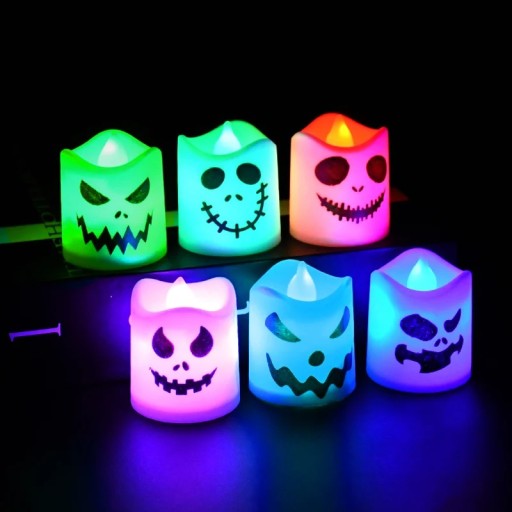 Electric Colourful LED Candle Lamp 3x Button Battery Multicoloured Halloween Lanterns with Faces Home Halloween Decoration 3.6 x 4.5 cm 6 pcs