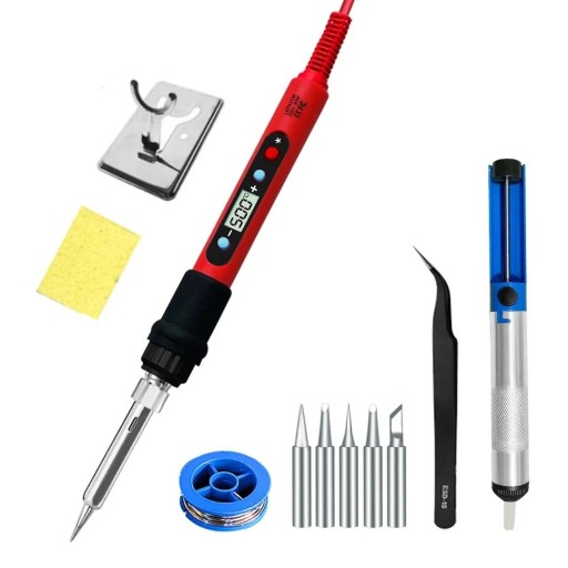 Electric Soldering Iron Set with 5 Interchangeable Tips, Tweezers, Ceramic Heater, Sponge and Solder Wire