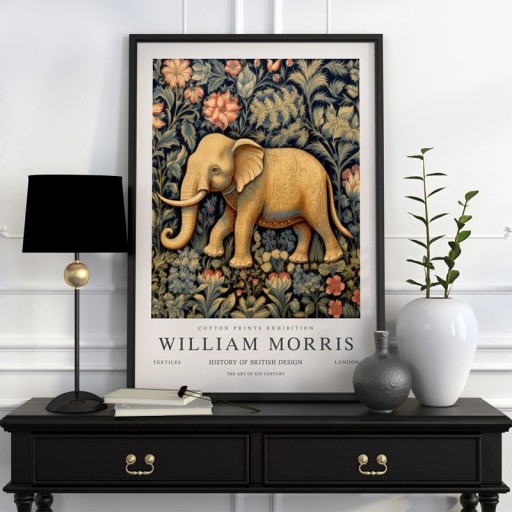 Elefántos botanikai motívumú plakát William Morris 20x30 cm poliészter vászon bézs-kék faldekoráció belső térbe