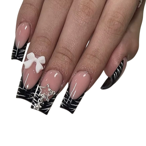 Élégance étoilée zèbre 24 pcs Ongles en acrylique carrés avec nœuds Conseils complets 12 tailles Style français sombre