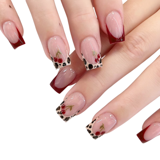 Elegancia de cereza con acento de leopardo Uñas acrílicas cuadradas 24 piezas Manicura francesa 12 tamaños Kit DIY