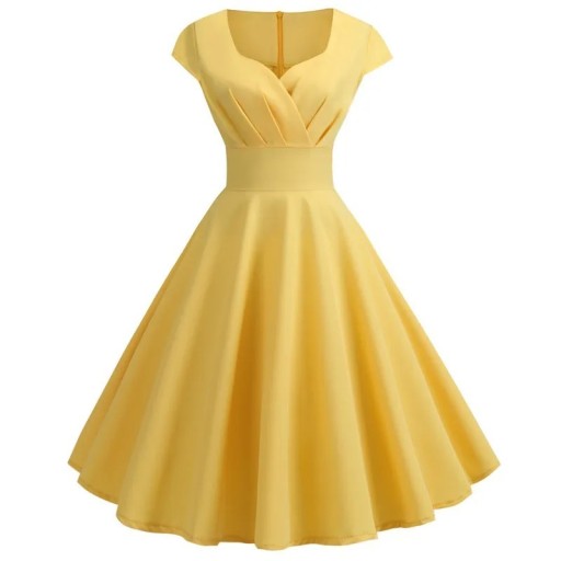 Elegancka sukienka w stylu vintage z głębokim dekoltem i krótkimi rękawami. Podwyższona talia. Okrągły dekolt. Delikatne plisowanie. Stylowa, retro sukienka damska.
