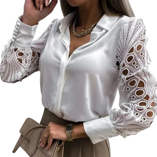 Elegant bluse til damer med lange ærmer Enfarvet skjorte i polyester med blondeærmer og krave Knaplukning Forskellige farver