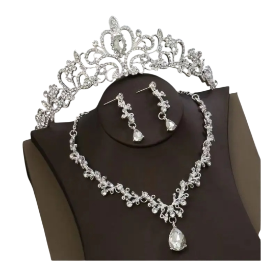 Elegant bryllupssæt med diadem, halskæde og øreringe, luksuriøs damesmykke, hårtilbehør, smykkesæt til brude, fester og selskaber