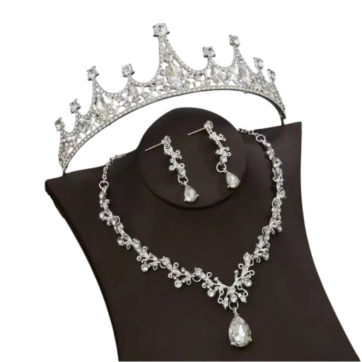 Elegant bryllupssæt med diadem, halskæde og øreringe, luksuriøse hårtilbehør til kvinder, krone til brude, fester og fødselsdage