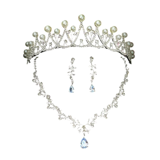 Elegant bryllupssæt med diadem, halskæde og øreringe med perler, luksuriøs dameskrone, hårtilbehør, smykkesæt til brude og festligheder