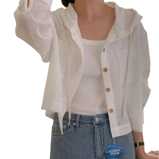 Elegant damebluse med hætte Løs pasform med knaplukning Stilfuld ensfarvet bluse i let polyester til daglig brug